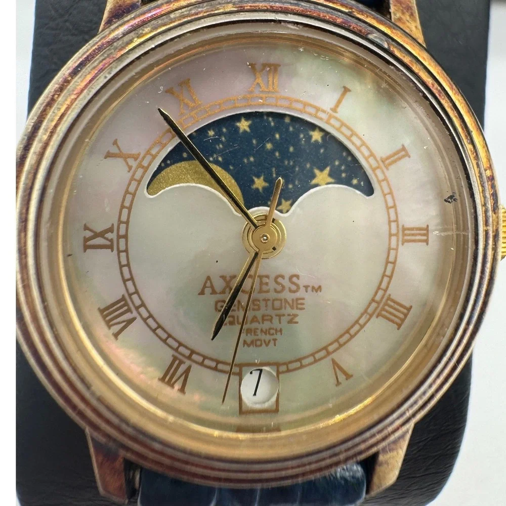 Axcess Gemstone Moon Phase Watch Blue Leather Strap Mother of Pearl parts